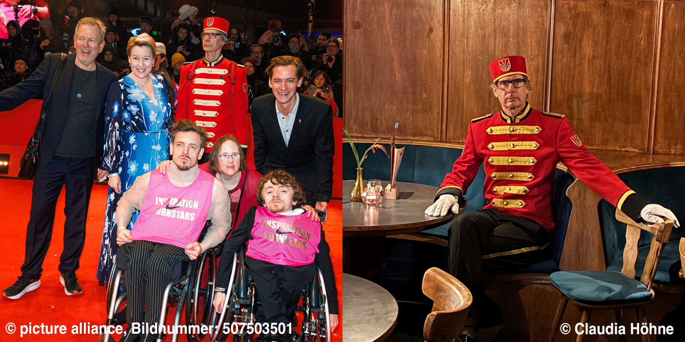 Splitscreen: links: Liftboy mit Jan Kampmann, Leonard Grobien und Franziska Giffey auf dem roten Teppich der Berlinale 2025 rechte Seite: Liftboy sitzt an einem Tisch in der Pacific-Bar